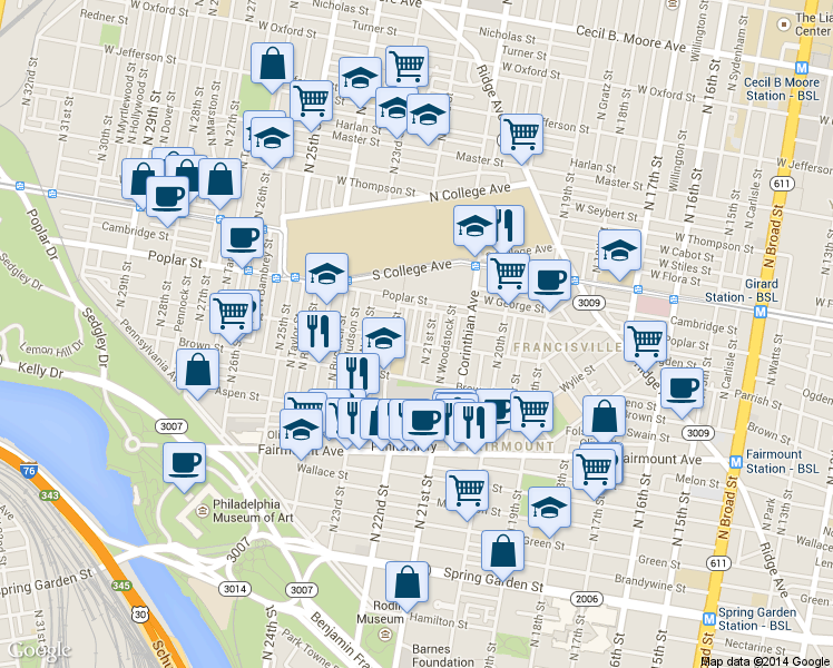 map of restaurants, bars, coffee shops, grocery stores, and more near 855 North Beechwood Street in Philadelphia