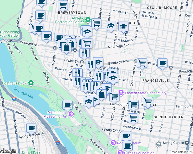 map of restaurants, bars, coffee shops, grocery stores, and more near 839 North Ringgold Street in Philadelphia