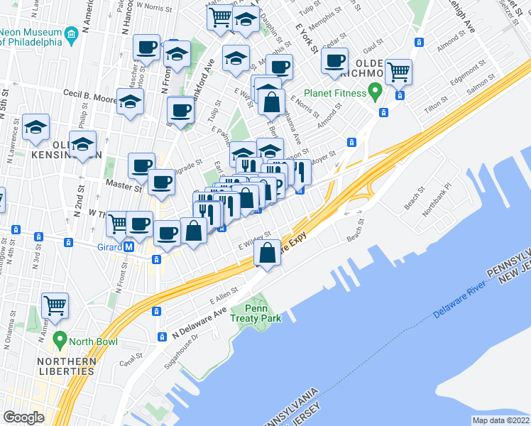 map of restaurants, bars, coffee shops, grocery stores, and more near 1116 East Eyre Street in Philadelphia