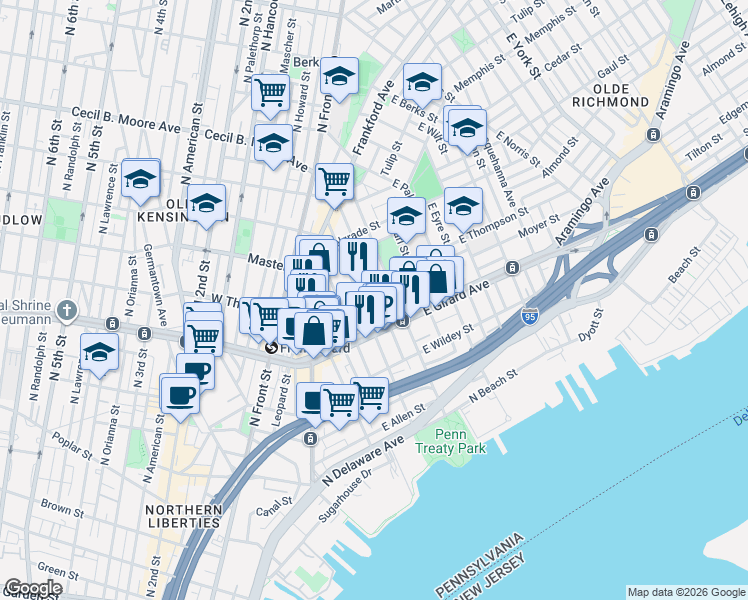 map of restaurants, bars, coffee shops, grocery stores, and more near 1223 Marlborough Street in Philadelphia