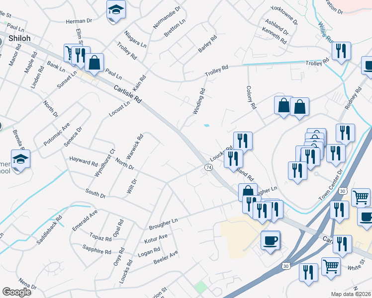 map of restaurants, bars, coffee shops, grocery stores, and more near 1660 Carlisle Avenue in York
