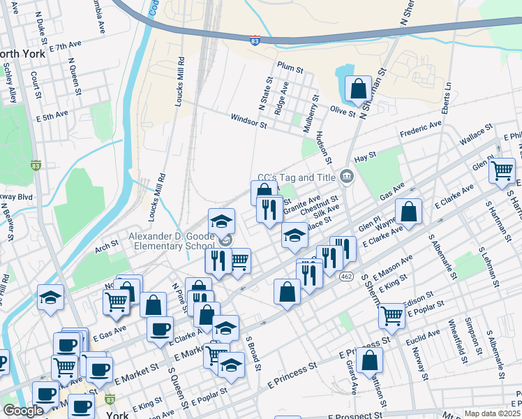 map of restaurants, bars, coffee shops, grocery stores, and more near 27 Granite Avenue in York