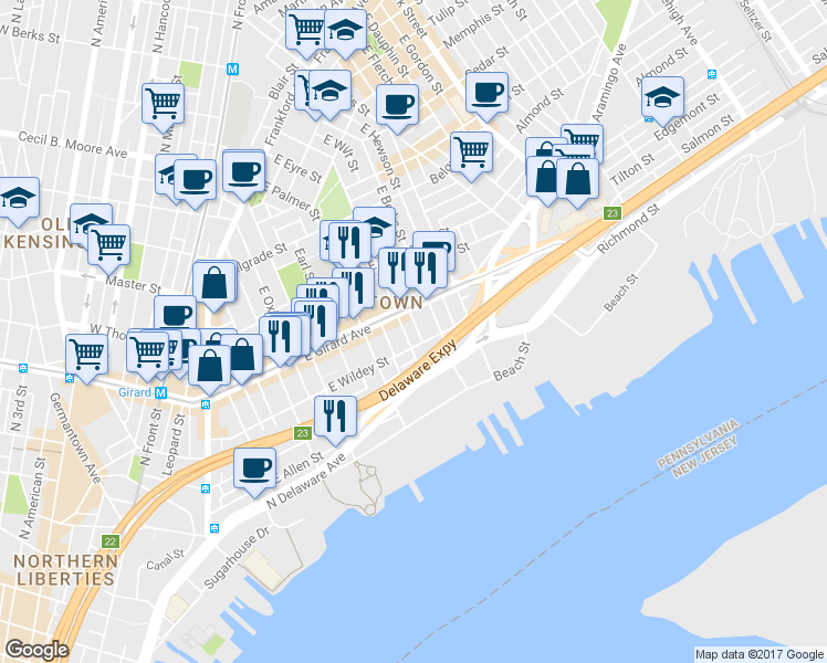 map of restaurants, bars, coffee shops, grocery stores, and more near 1120 East Wilt Street in Philadelphia