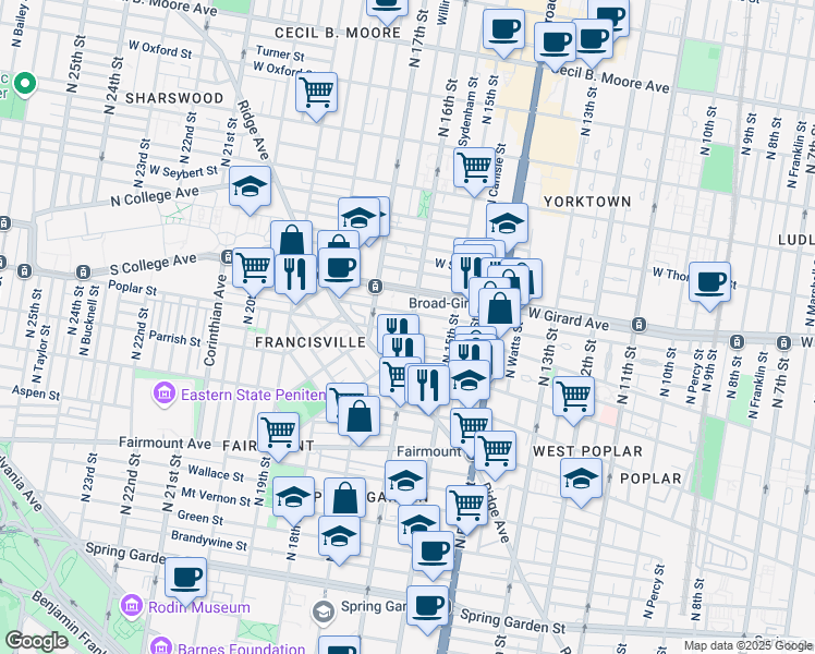 map of restaurants, bars, coffee shops, grocery stores, and more near 904 North 16th Street in Philadelphia