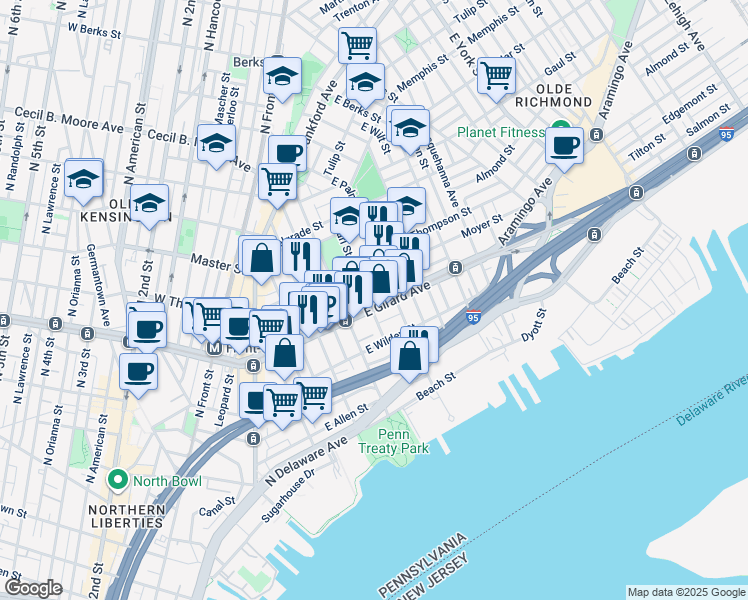 map of restaurants, bars, coffee shops, grocery stores, and more near in Philadelphia