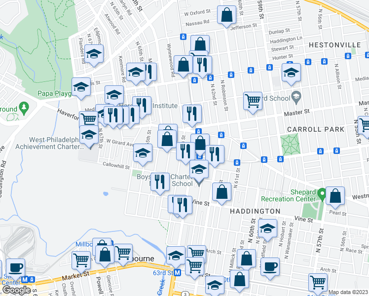 map of restaurants, bars, coffee shops, grocery stores, and more near 513 North Gross Street in Philadelphia