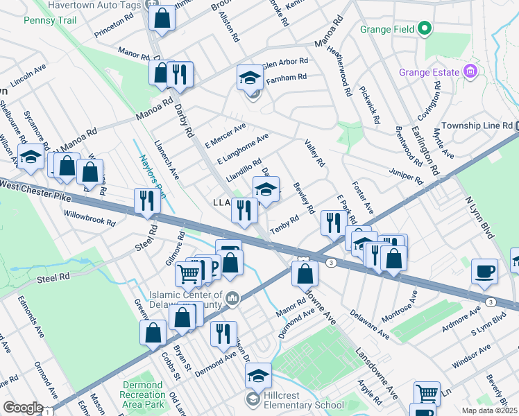 map of restaurants, bars, coffee shops, grocery stores, and more near 10 East Park Road in Havertown