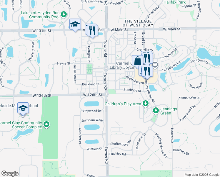 map of restaurants, bars, coffee shops, grocery stores, and more near 12651 Kossuth Street in Carmel