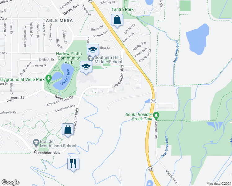 map of restaurants, bars, coffee shops, grocery stores, and more near 4460 Greenbriar Boulevard in Boulder