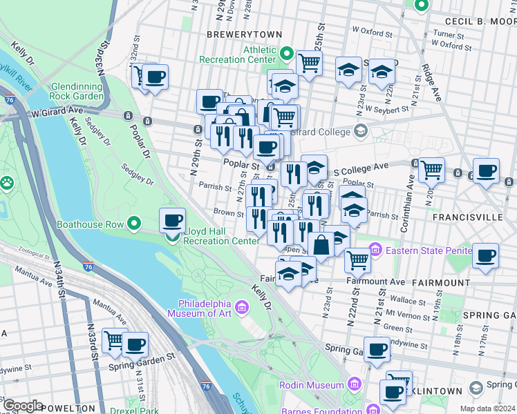 map of restaurants, bars, coffee shops, grocery stores, and more near 821 North Taney Street in Philadelphia