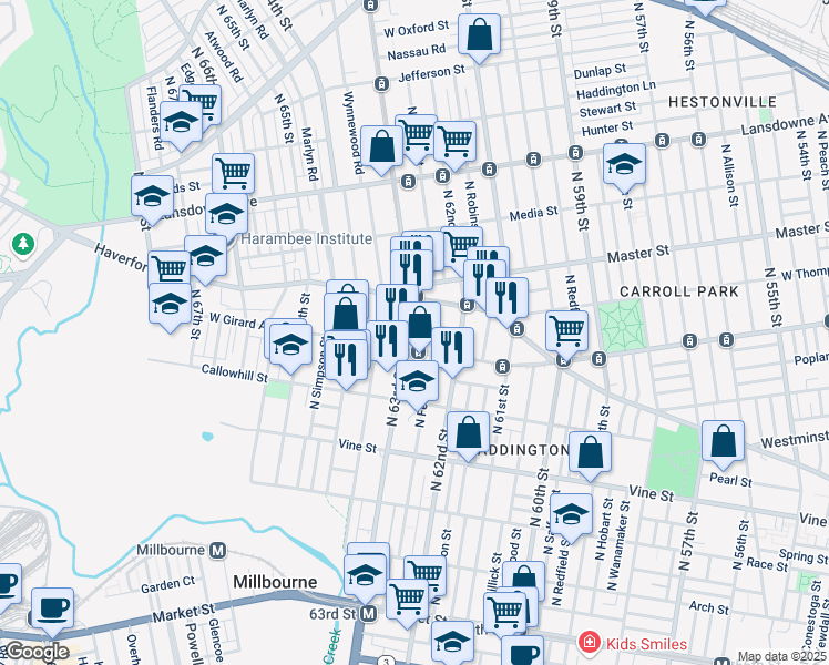 map of restaurants, bars, coffee shops, grocery stores, and more near 519 North 63rd Street in Philadelphia