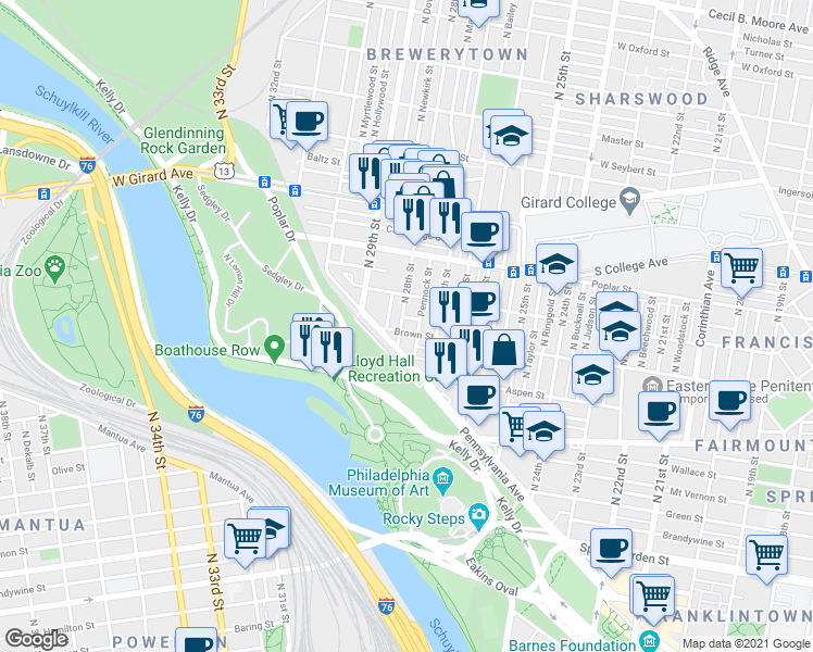 map of restaurants, bars, coffee shops, grocery stores, and more near 2733 Brown Street in Philadelphia