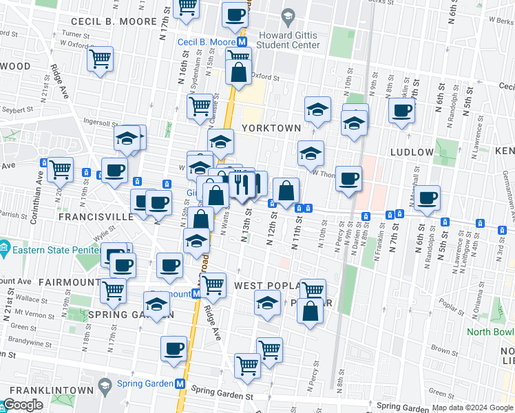 map of restaurants, bars, coffee shops, grocery stores, and more near 1234 West Girard Avenue in Philadelphia