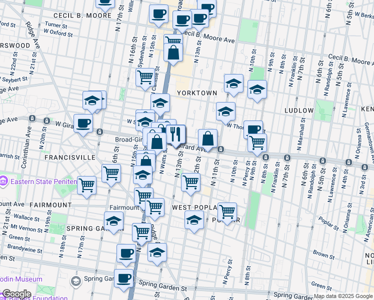 map of restaurants, bars, coffee shops, grocery stores, and more near 1234 West Girard Avenue in Philadelphia