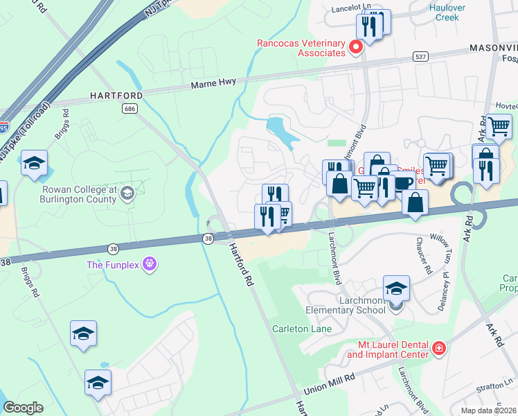 map of restaurants, bars, coffee shops, grocery stores, and more near 3211 New Jersey 38 in Mount Laurel Township
