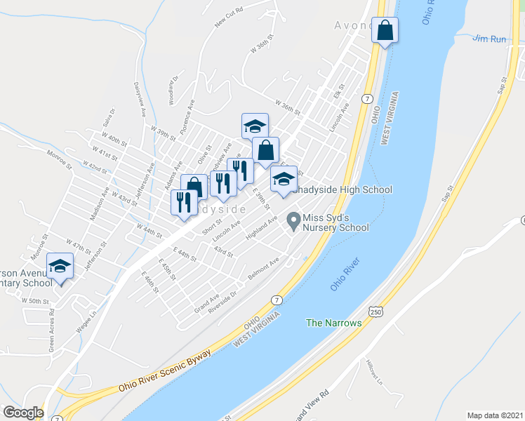 map of restaurants, bars, coffee shops, grocery stores, and more near 3900 Lincoln Avenue in Shadyside