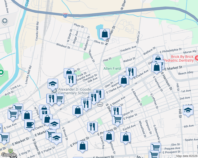 map of restaurants, bars, coffee shops, grocery stores, and more near 200 North Sherman Street in York