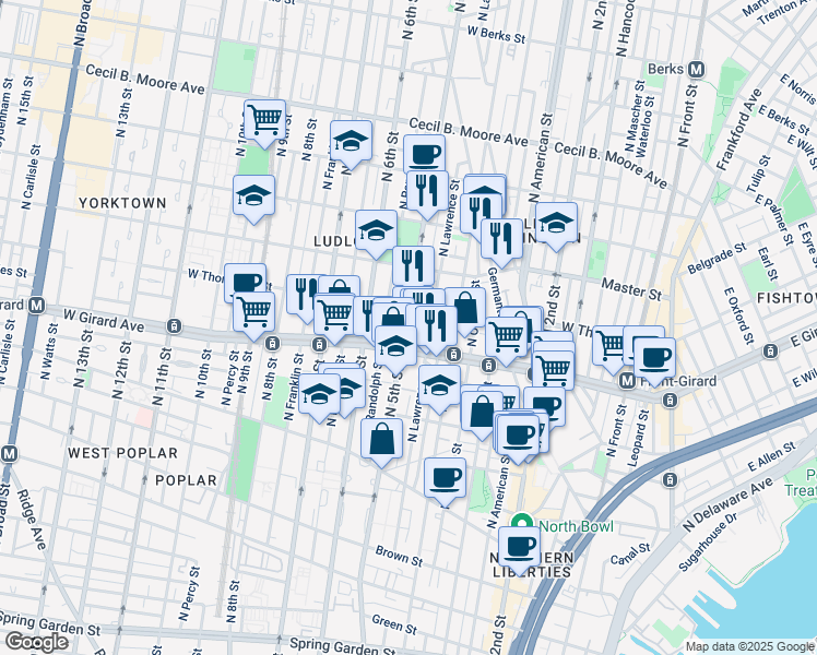 map of restaurants, bars, coffee shops, grocery stores, and more near 1219 North 5th Street in Philadelphia
