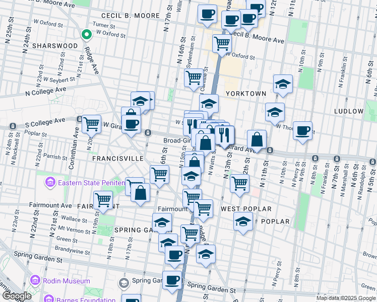 map of restaurants, bars, coffee shops, grocery stores, and more near in Philadelphia
