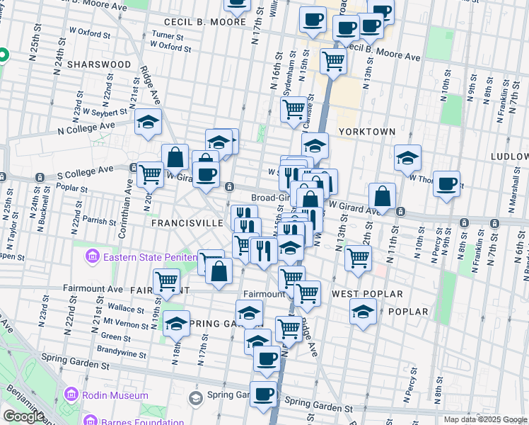 map of restaurants, bars, coffee shops, grocery stores, and more near 1517 Poplar Street in Philadelphia