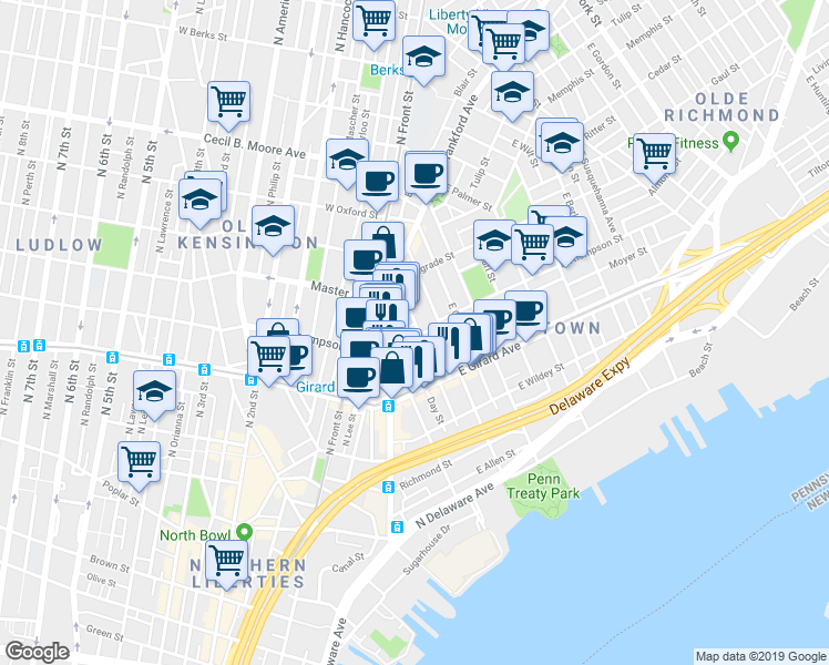 map of restaurants, bars, coffee shops, grocery stores, and more near 231 East Thompson Street in Philadelphia