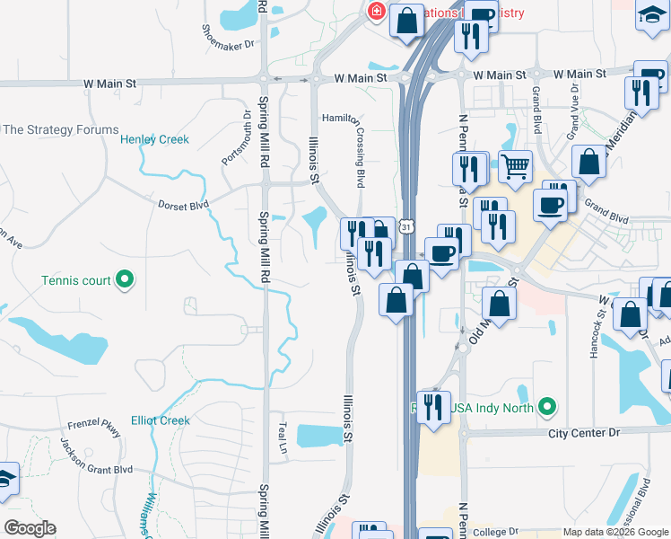 map of restaurants, bars, coffee shops, grocery stores, and more near 209 Faulkner Lane in Carmel