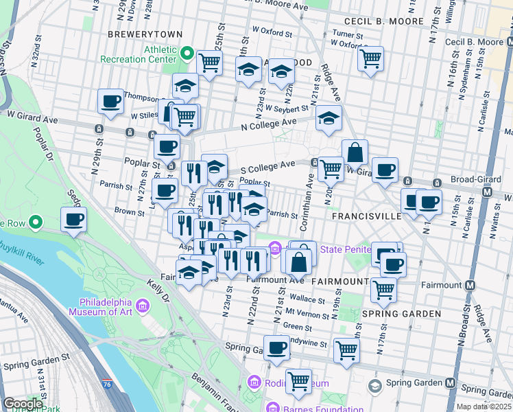 map of restaurants, bars, coffee shops, grocery stores, and more near 2211 Parrish Street in Philadelphia