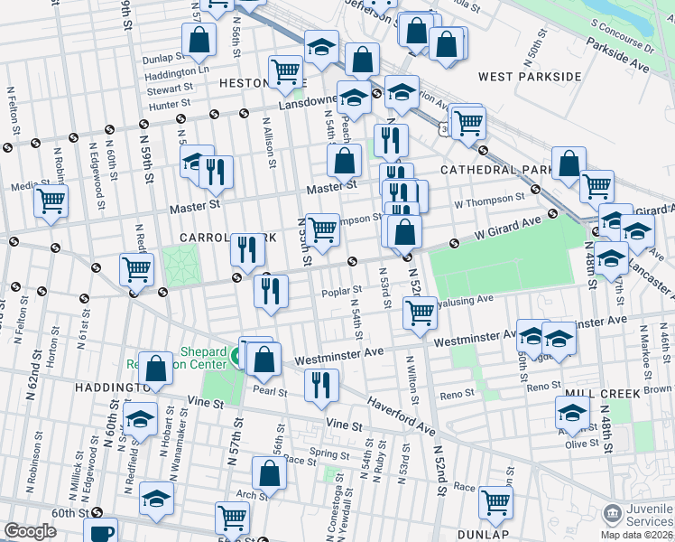 map of restaurants, bars, coffee shops, grocery stores, and more near 657 North Conestoga Street in Philadelphia