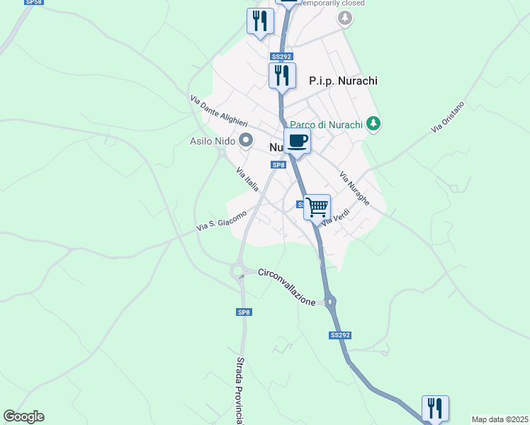 map of restaurants, bars, coffee shops, grocery stores, and more near 16 Via Sant'Agostino in Nurachi