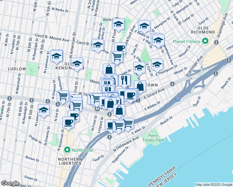 map of restaurants, bars, coffee shops, grocery stores, and more near 229 East Thompson Street in Philadelphia