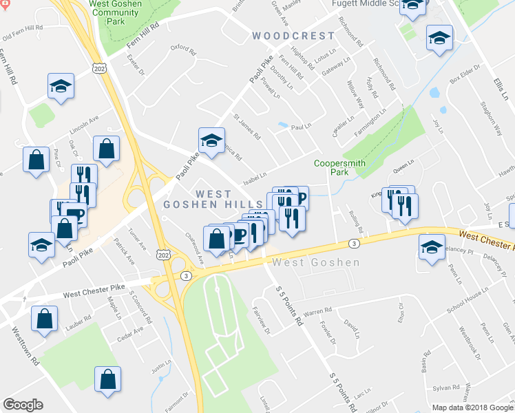 map of restaurants, bars, coffee shops, grocery stores, and more near 101 North 5 Points Road in West Chester