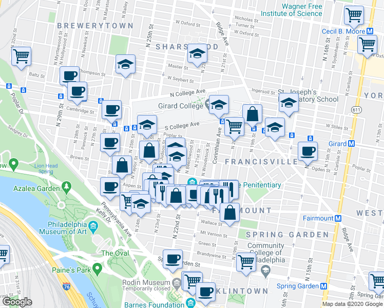 map of restaurants, bars, coffee shops, grocery stores, and more near 857 North Beechwood Street in Philadelphia