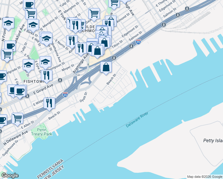 map of restaurants, bars, coffee shops, grocery stores, and more near 2026 Northbank Place in Philadelphia