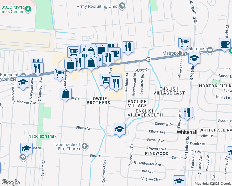 map of restaurants, bars, coffee shops, grocery stores, and more near 3955 East Broad Street in Whitehall