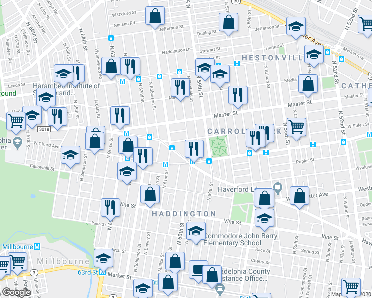 map of restaurants, bars, coffee shops, grocery stores, and more near 1238 North 60th Street in Philadelphia