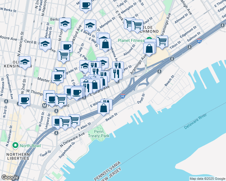 map of restaurants, bars, coffee shops, grocery stores, and more near 1120 East Wilt Street in Philadelphia