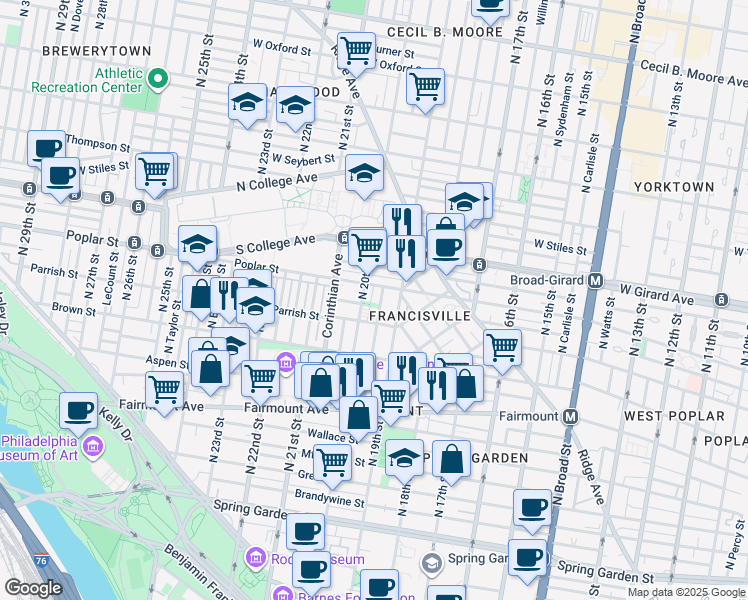 map of restaurants, bars, coffee shops, grocery stores, and more near 869 North Opal Street in Philadelphia