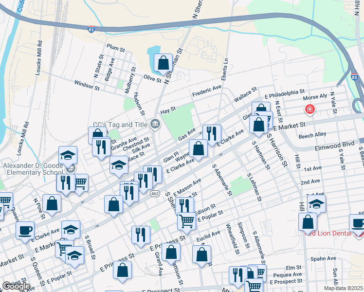 map of restaurants, bars, coffee shops, grocery stores, and more near 75 North Tremont Street in York