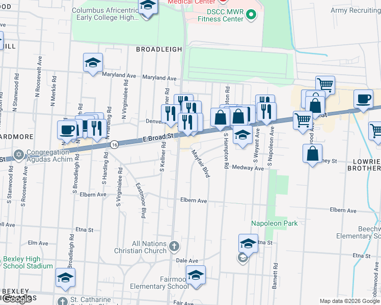 map of restaurants, bars, coffee shops, grocery stores, and more near 73 Mayfair Boulevard in Columbus