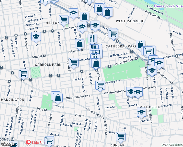 map of restaurants, bars, coffee shops, grocery stores, and more near 659 North 53rd Street in Philadelphia