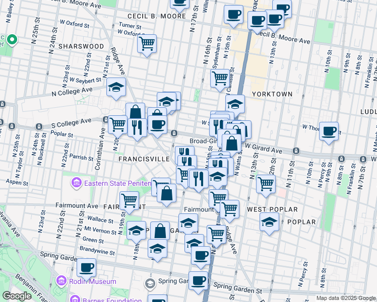 map of restaurants, bars, coffee shops, grocery stores, and more near 904 North 16th Street in Philadelphia