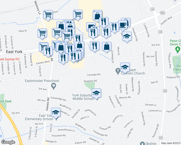 map of restaurants, bars, coffee shops, grocery stores, and more near 2665 Carnegie Road in East York