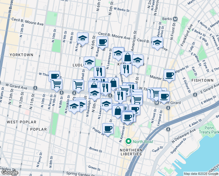 map of restaurants, bars, coffee shops, grocery stores, and more near 1234 North 4th Street in Philadelphia