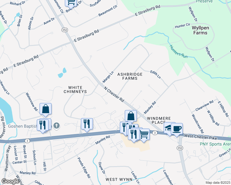 map of restaurants, bars, coffee shops, grocery stores, and more near 1601 Williams Way in West Chester