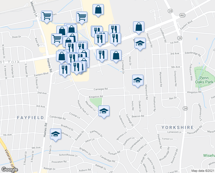 map of restaurants, bars, coffee shops, grocery stores, and more near 2683 Carnegie Road in East York