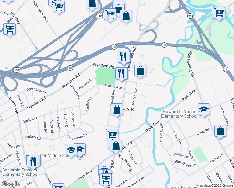 map of restaurants, bars, coffee shops, grocery stores, and more near 8947 Harvey Avenue in Pennsauken Township