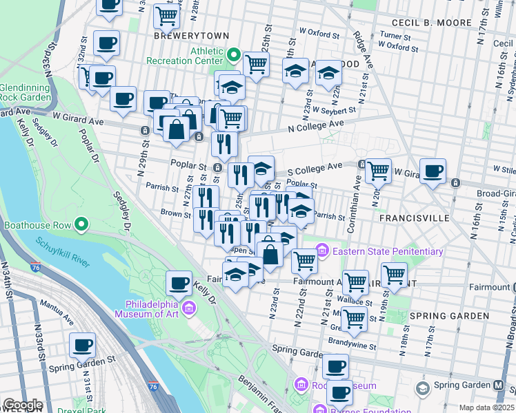 map of restaurants, bars, coffee shops, grocery stores, and more near 843 North Ringgold Street in Philadelphia