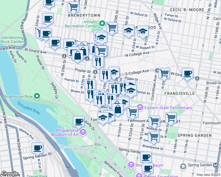 map of restaurants, bars, coffee shops, grocery stores, and more near 842 North Ringgold Street in Philadelphia