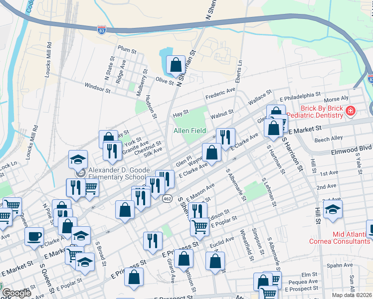 map of restaurants, bars, coffee shops, grocery stores, and more near 840 East Philadelphia Street in York