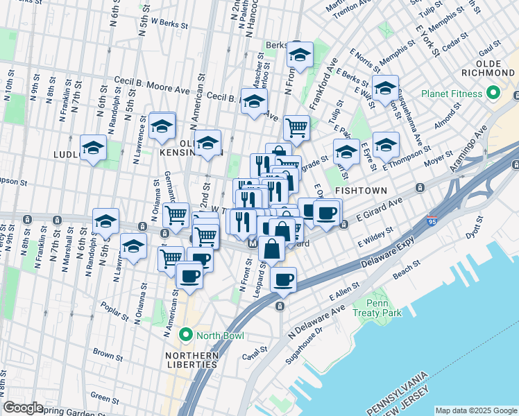 map of restaurants, bars, coffee shops, grocery stores, and more near 1314 North Front Street in Philadelphia